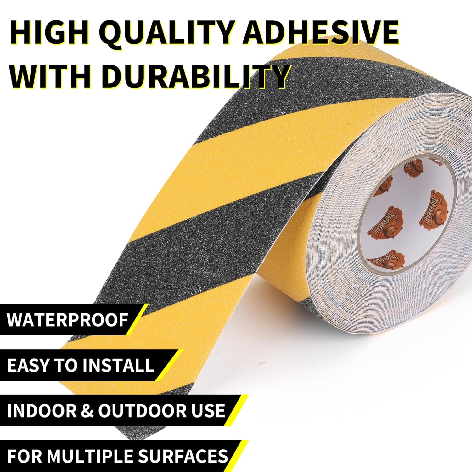 TAPEBEAR Non Slip Hazard Tape 4inch x 60feet, Black and Yellow Safety Tape, Anti Slip Caution Tape Roll, Nonslip Warning Floor Tape for Indoor Outdoor Steps Stairs, Strong Grip Tape