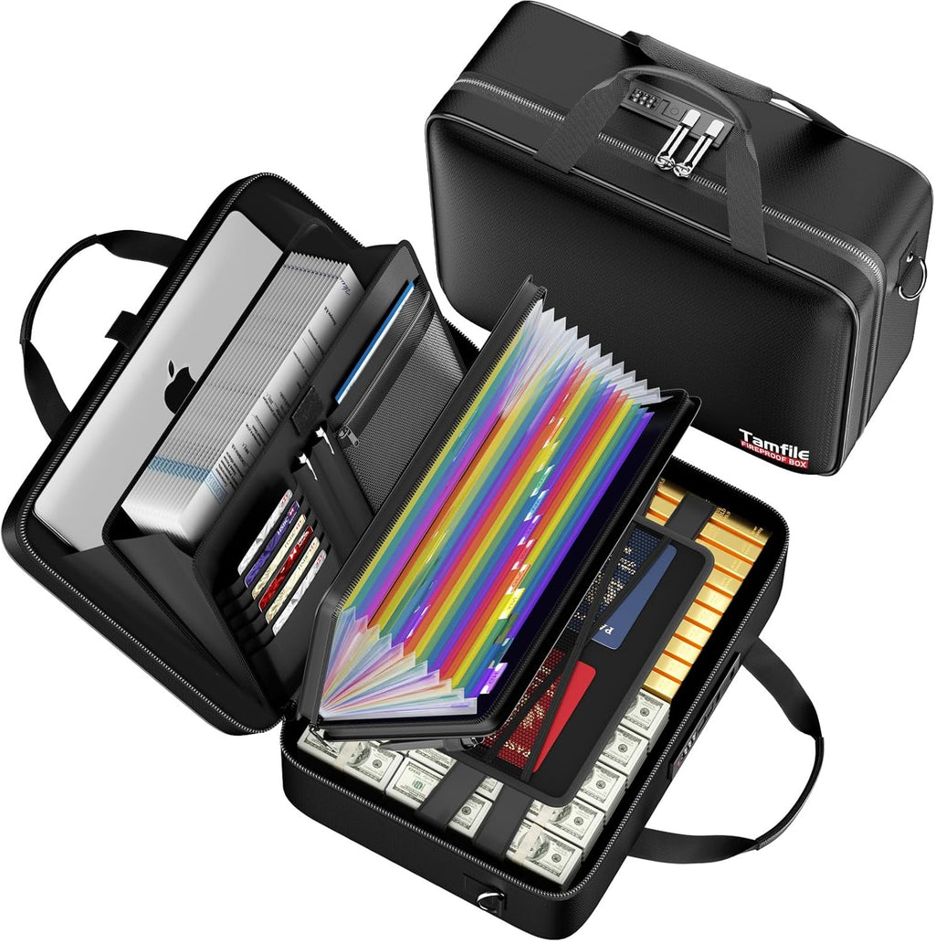 Tamfile Fireproof Document Box with Lock, Hard Case Fireproof Water Resistant File Organizer with 24 Colorful Pockets, Fire Safe Box for Important Documents, Valuables, Laptop, Passports (Black)