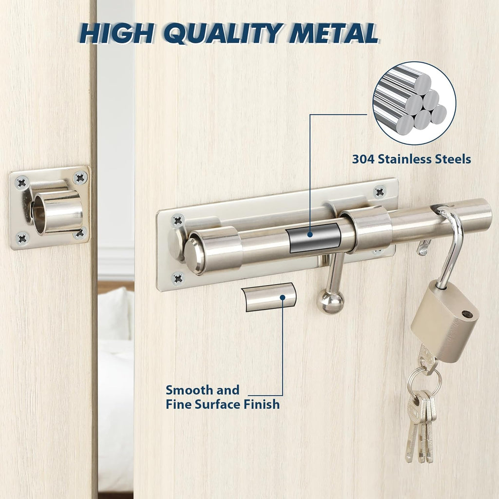 Alise 6 inch Barrel Bolt Latch,Slide Bolt Latch,Heavy Duty Solid SUS304 Stainless Steel Slide Lock for Wooden Fence,Barn Door,Interior or Outdoor Door Chrome MS8000