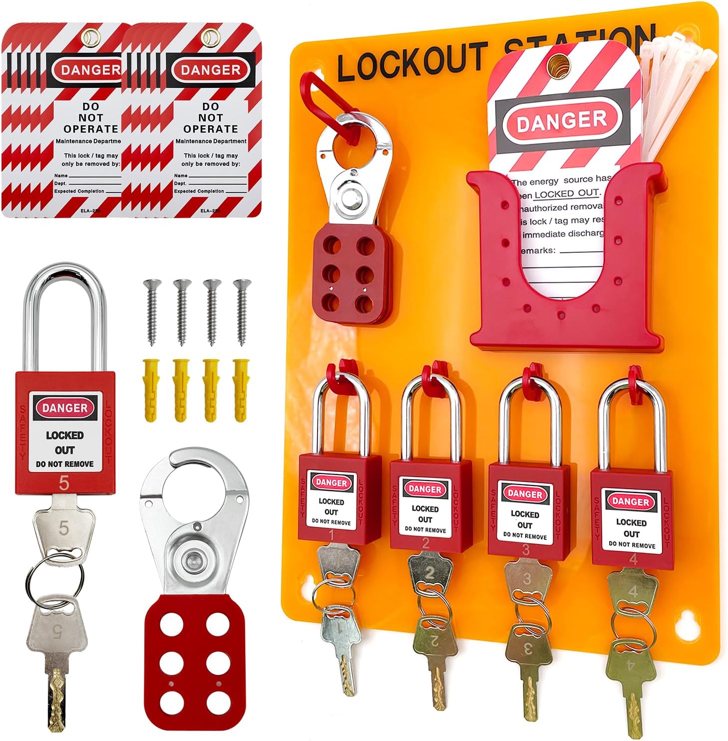 JOJOMARK Lockout Tagout Station Metal Kit with Lock Out Tag Out Loto 2 Hasps, 20 Tags, 20 Nylon Cable, 5 Locks with Number 1-5 (Orange Board kit)