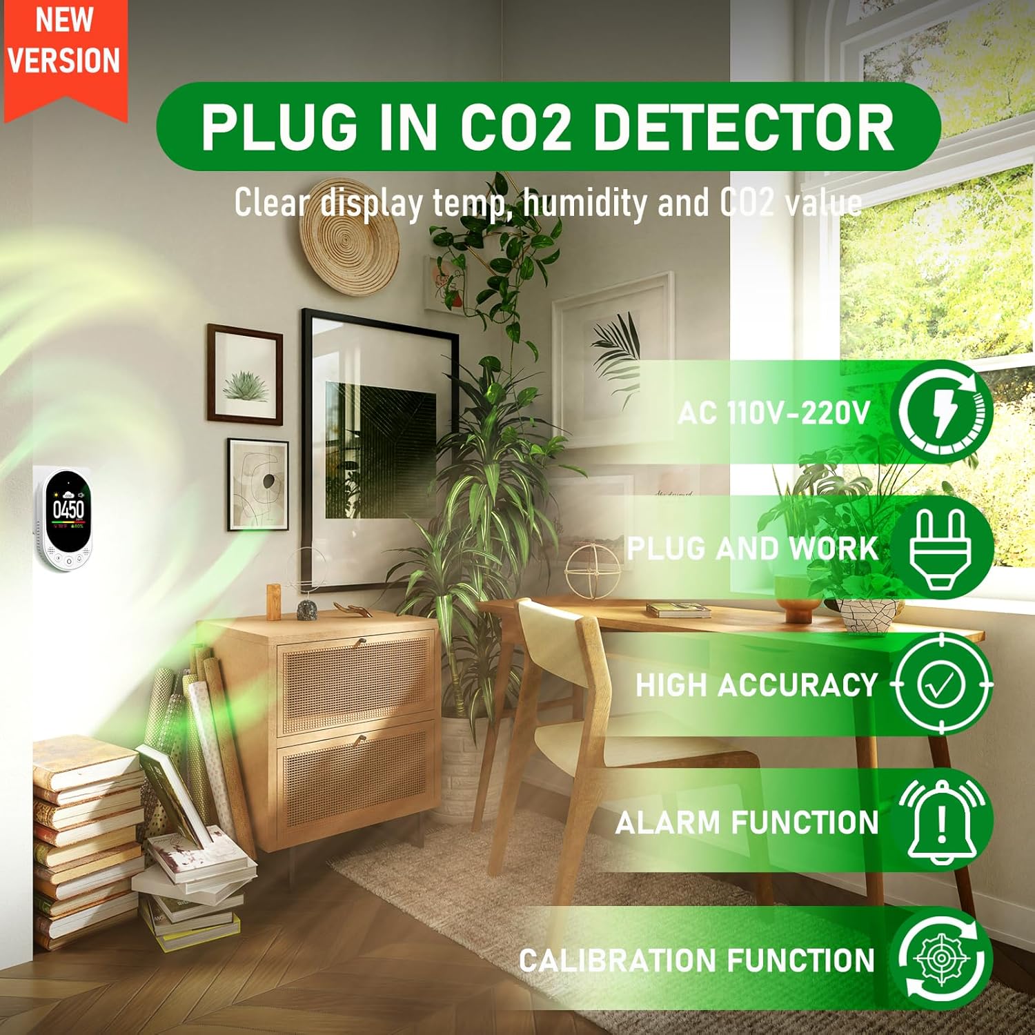 Upgraded Carbon Dioxide Detector Plug in Wall Design, 3 in 1 CO2 Detector(Temp, Humidity and CO2 Value), High Accuracy CO2 Meter with Alarm Function and Manual Calibration for Home RV 2Pack