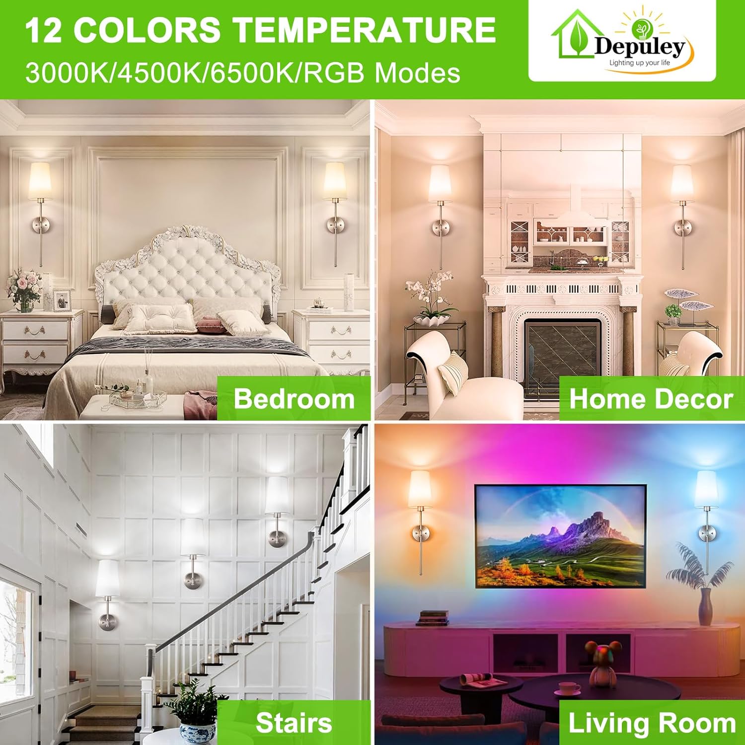Depuley Battery Operated Wall Sconce: 27" Set of 2 Wireless Wall Lights with Remote for Bedroom - Rechargeable 15 Colors Wall Lamp for Living Room Hallway Decor - Brushed Nickel