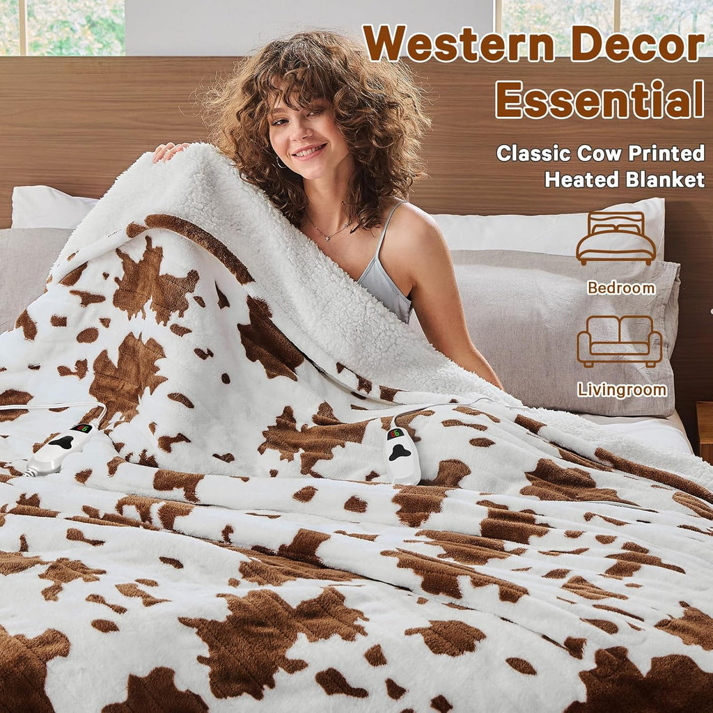Cow Print Heated Electric Blanket Twin Size,62X84 Brown Heating Blanket with 10 Heats Levels & 8 Hours Auto Off,Highland Cow Fleece Sherpa Blankets Warmer Gifts for Women Adults Couch,Washable