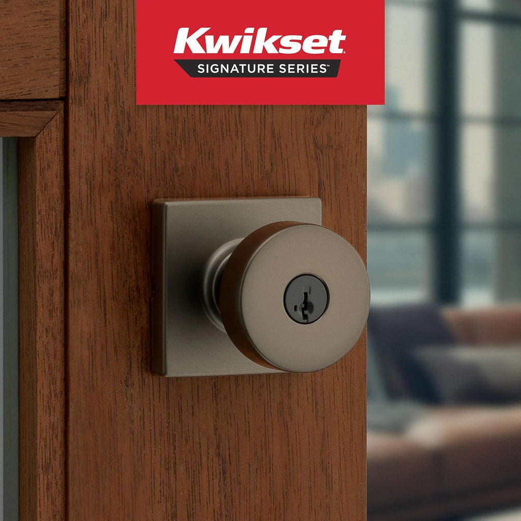 Kwikset Pismo Entry Door Knob with Lock and Key, Square Secure Keyed Handle Exterior Doorknob, Front Entrance and Bedroom, Gunmetal, Pick Resistant SmartKey Rekey Security
