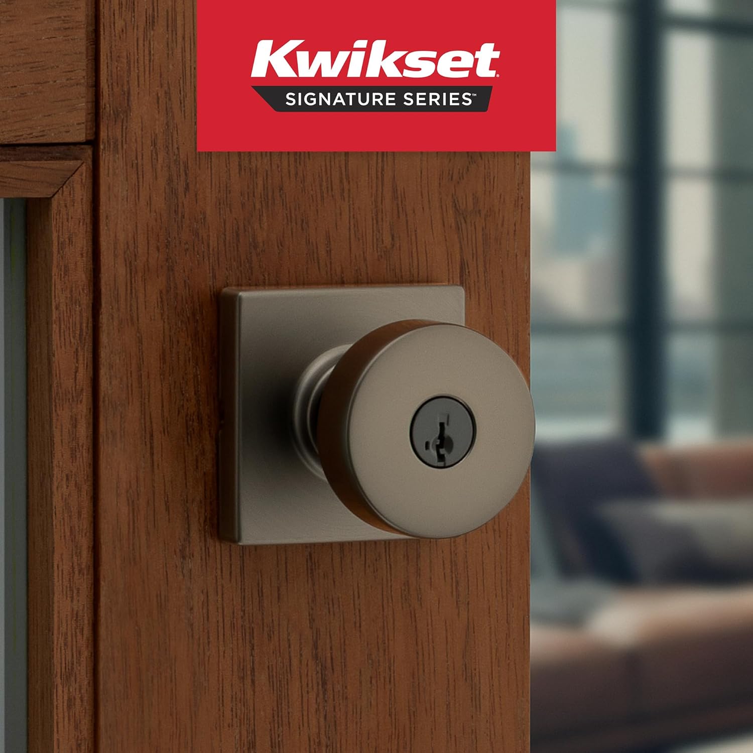 Kwikset Pismo Entry Door Knob with Lock and Key, Square Secure Keyed Handle Exterior Doorknob, Front Entrance and Bedroom, Gunmetal, Pick Resistant SmartKey Rekey Security