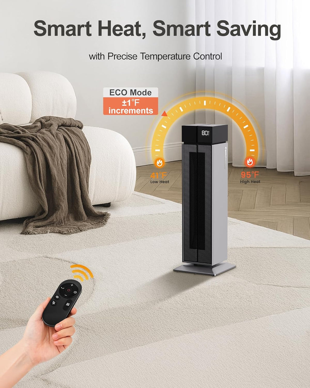 Electric Heaters for Indoor Use, 25” Space Heater Large Room with 120° Oscillation, 3 Heat Levels, 3 Modes, Multiple Safety Protections, 12H Timer, Silver Ceramic Tower Heater for Bedroom