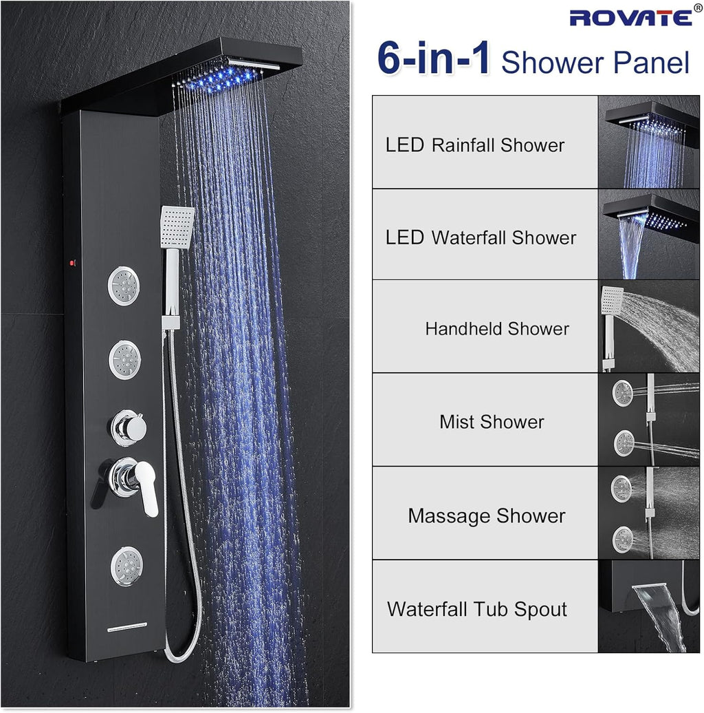 ROVATE LED Shower Panel Tower System with Rainfall Waterfall Shower, Black Shower Tower with Jets and Rainfall and Handheld, 5 in 1 Stainless Steel Shower Column High Pressure with Tub Spout