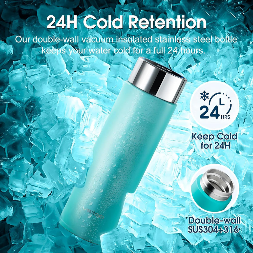 Vsitoo Smart self cleaning Insulated Water Bottle, 15oz Stainless Steel Vacuum Flask, AI Self-Clean, 30-Day Battery Life, BPA-Free, Magnetic Charging, Portable Travel Mug Gifts for Men Women, Blue