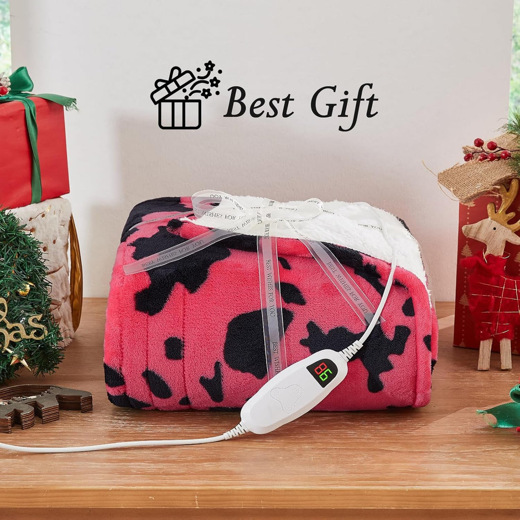 Cow Print Electric Heated Blanket King Size,90X100 Pink Heating Blanket King with Dual Control&Timer&10 Heat Levels,Highland Cow Decor Fleece Sherpa Blankets Warmer Gifts for Bed Women Adults