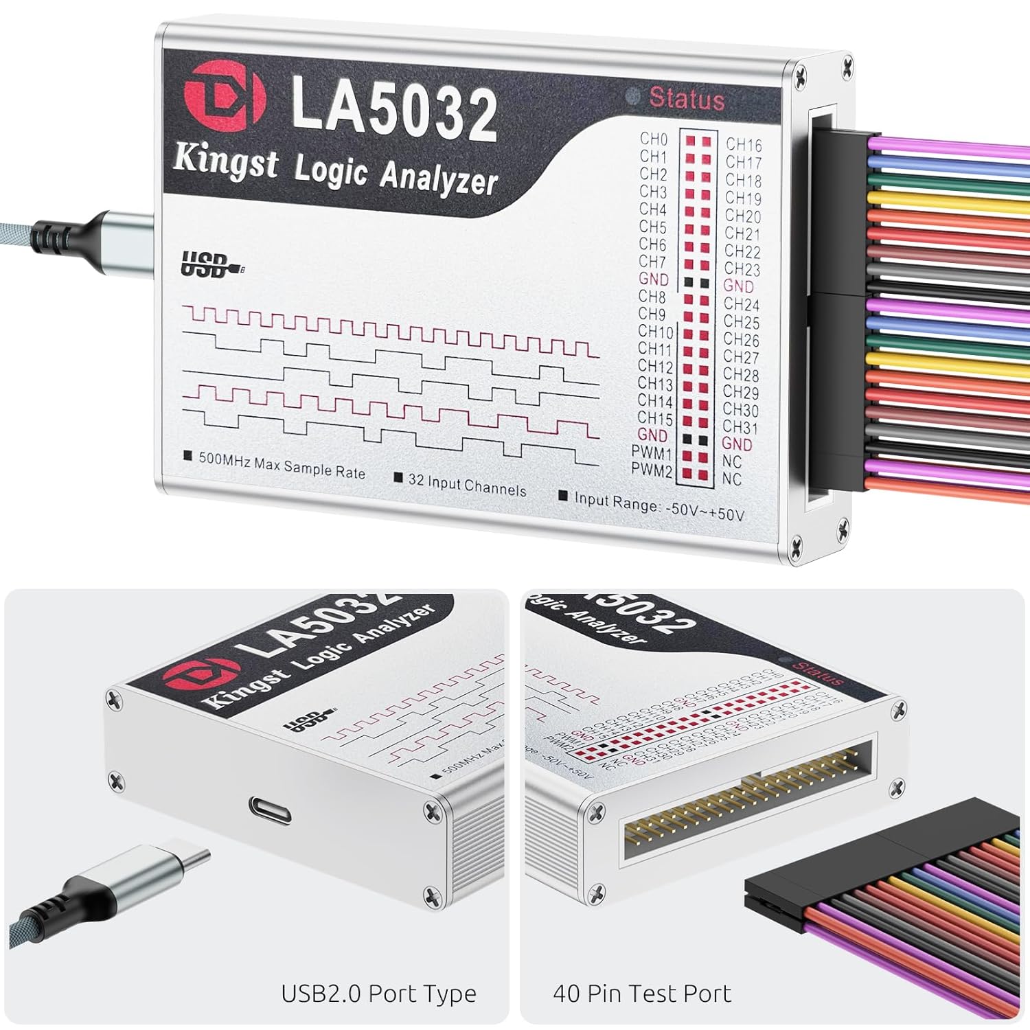 USB Logic Analyzer LA5032 32 Channels 500MHz 10G Samples for MCU ARM FPGA Debug Tool MIPI Analyzer with English Software Compatible with Windows Mac Linux