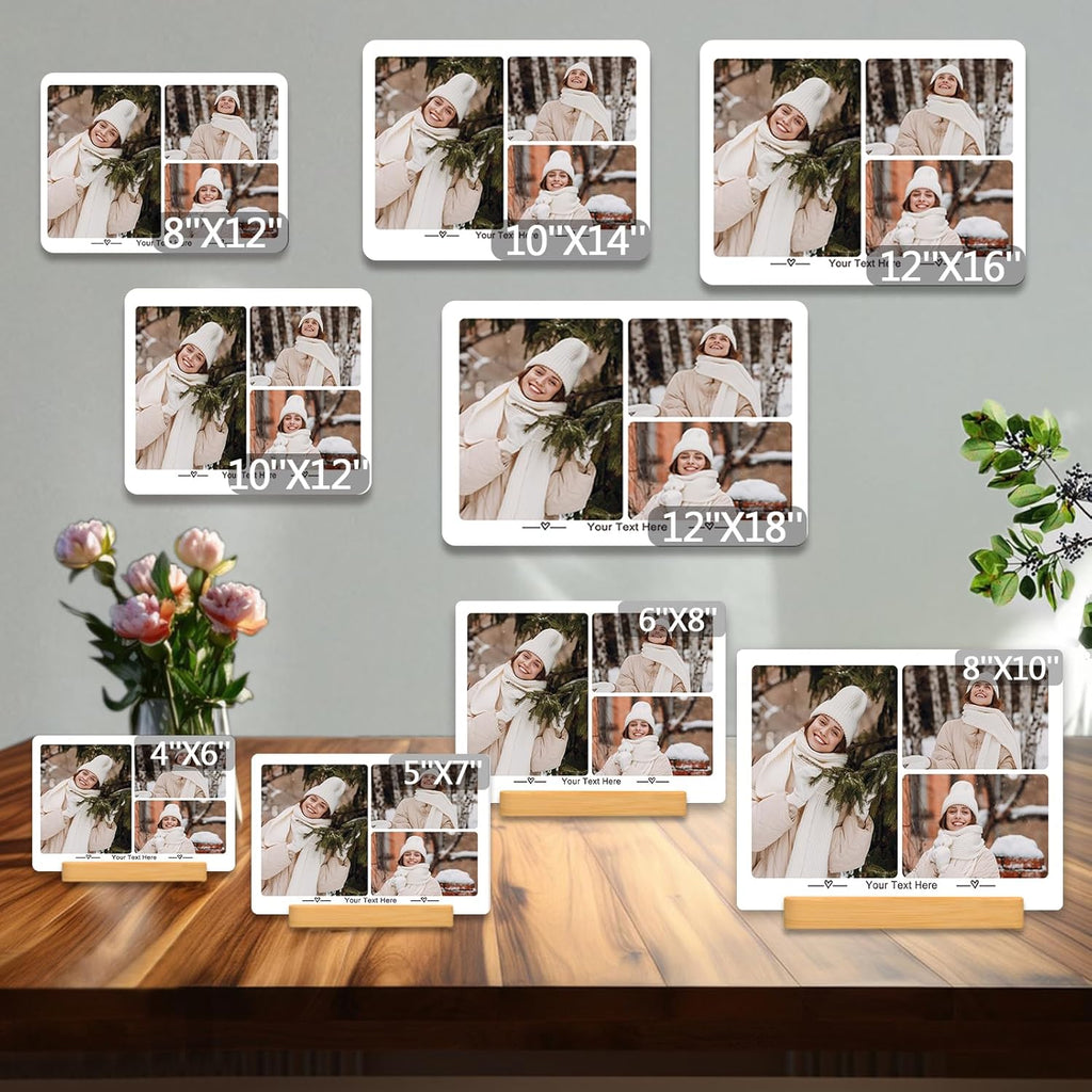 Custom Photo Prints - Metal Desktop Picture Frame with Collage Photos & Text & Wooden Base Personalized Gifts for Family Friends Lovers and Pets, Optional Multiple Sizes