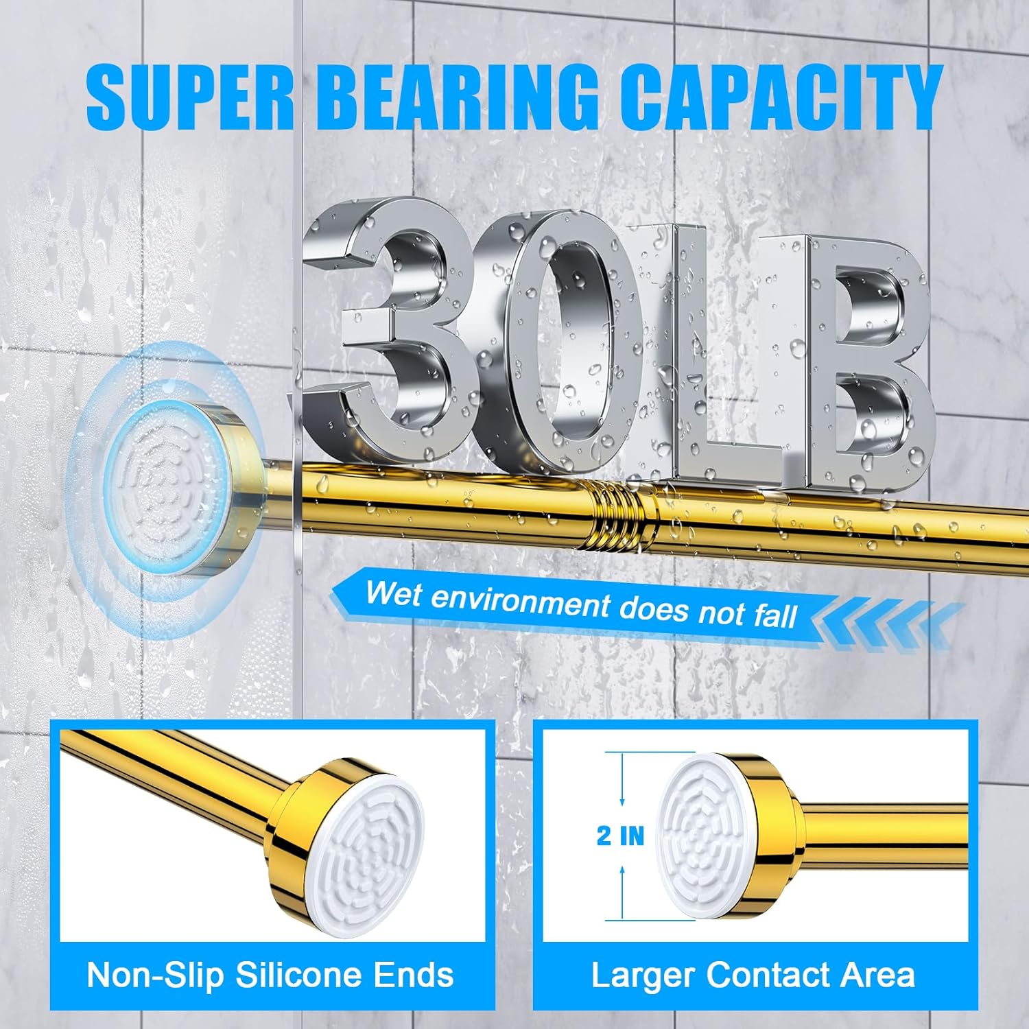 TEECK Shower Curtain Rod, 32-68 inch Adjustable Spring Tension Curtain Rod, Never Rust Anti-Slip Shower Curtain Rod for Bathroom, No Drilling, Never Collapse, Easy to Use, Gold