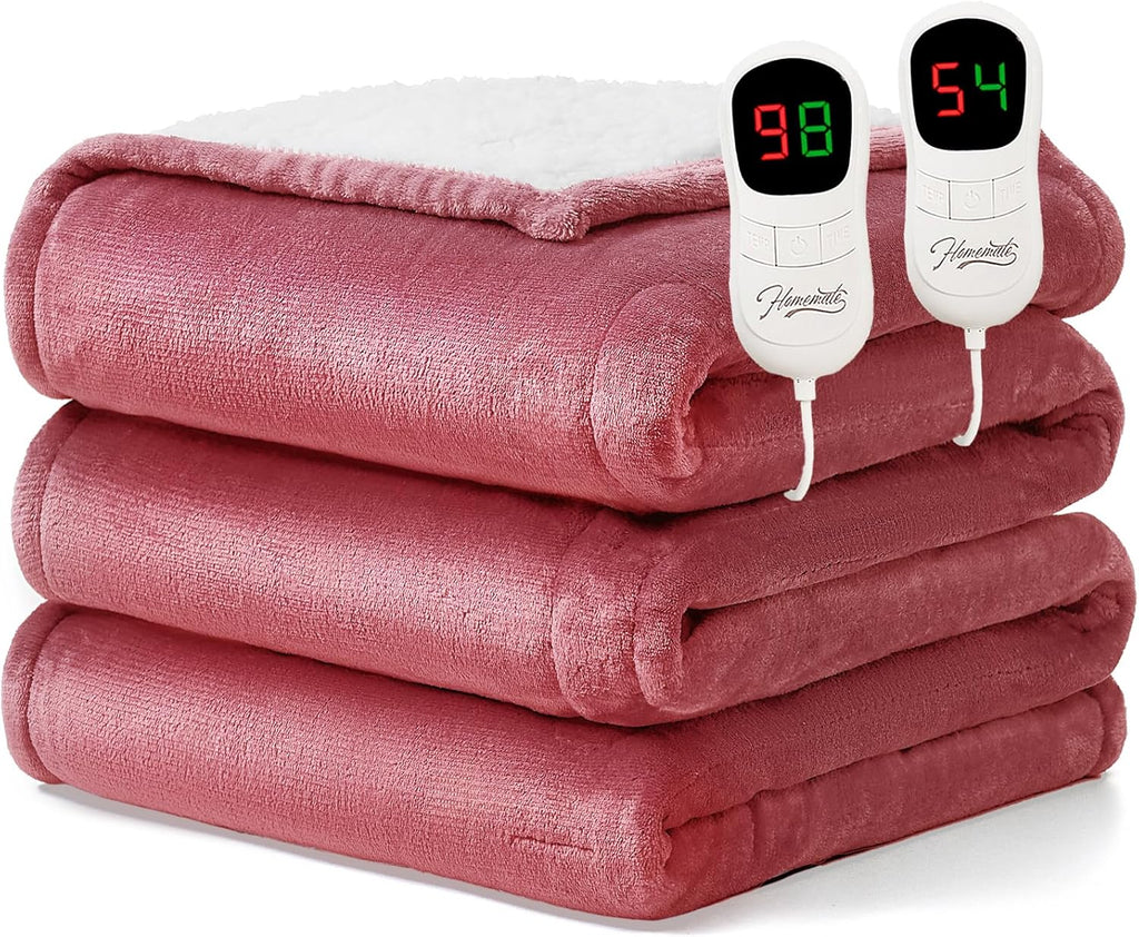 Homemate Electric Heated Blanket Queen Size - 84"x90" Heating Blanket Queen Size Dual Control 1/2/4/6/8 Hours Auto-Off 10 Heat Level Over-Heat Protection Flannel Sherpa ETL Certification