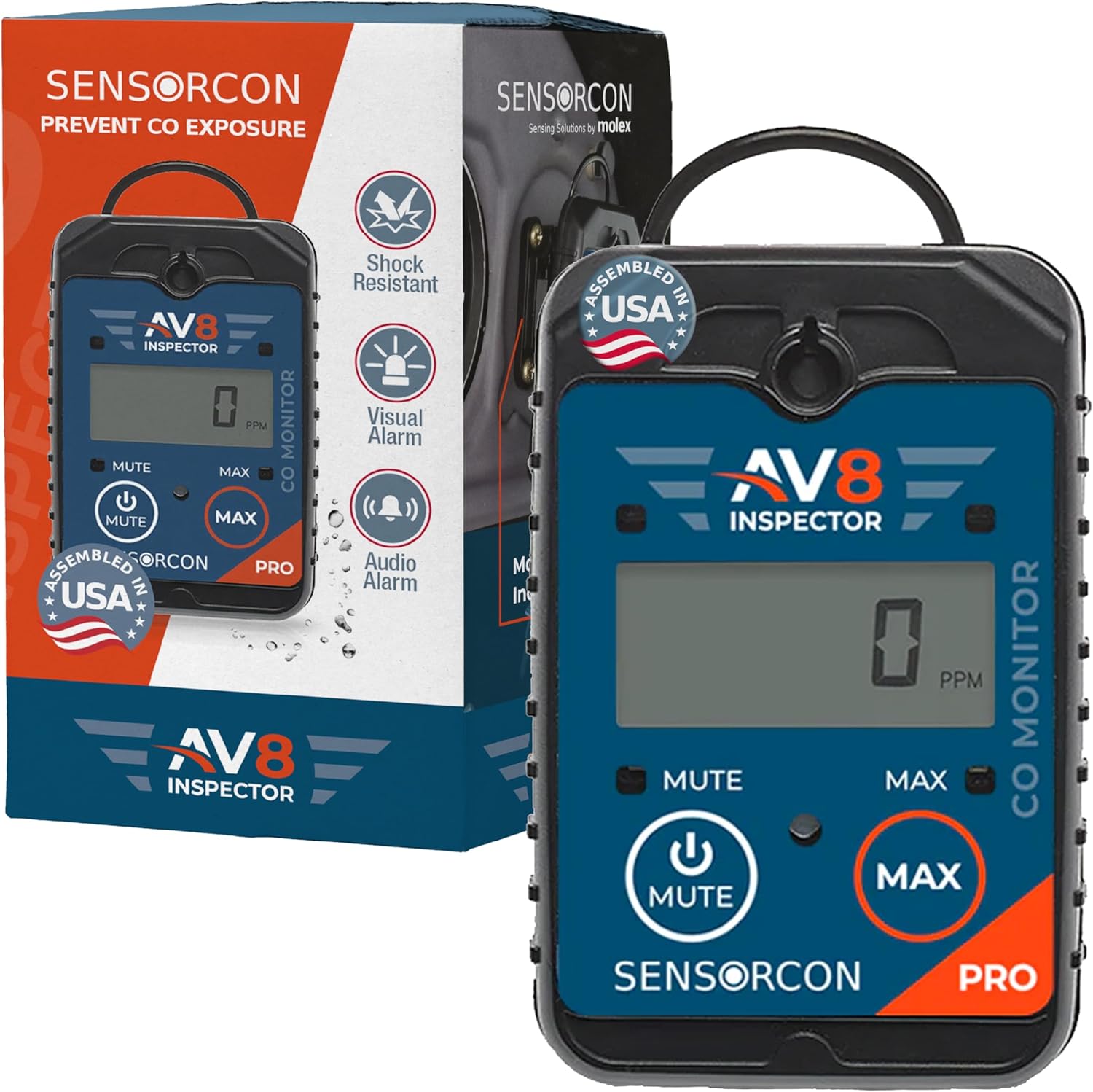 AV8 Inspector Pro Portable Carbon Monoxide Detectors for Aviation – Professional-Grade Carbon Monoxide Monitor with Visual, Audio and Vibration Alarms