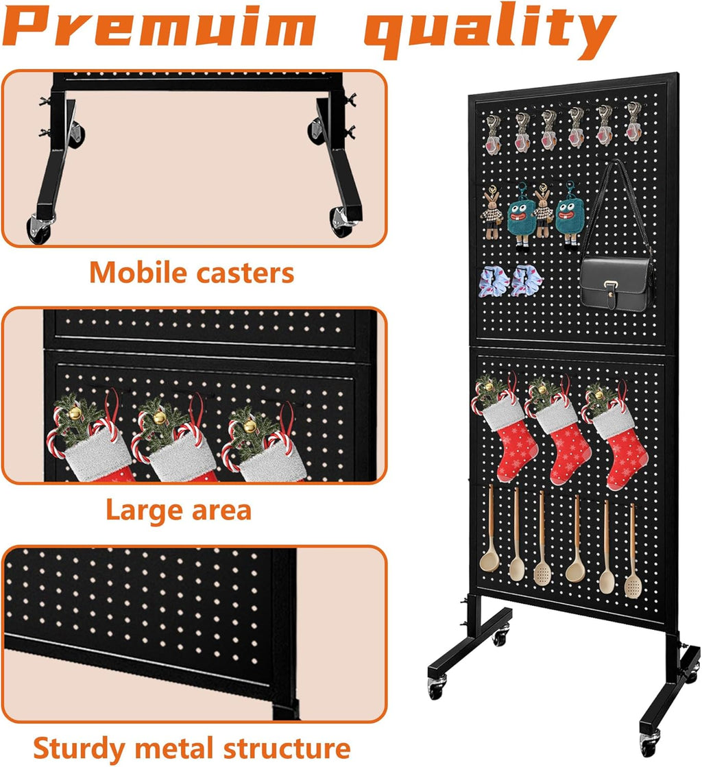 Royxen 2 x 5.5 Feet Pegboard with 30 Hooks, Pegboard Display with Wheels, Standing Pegboard Display, Metal (Black)