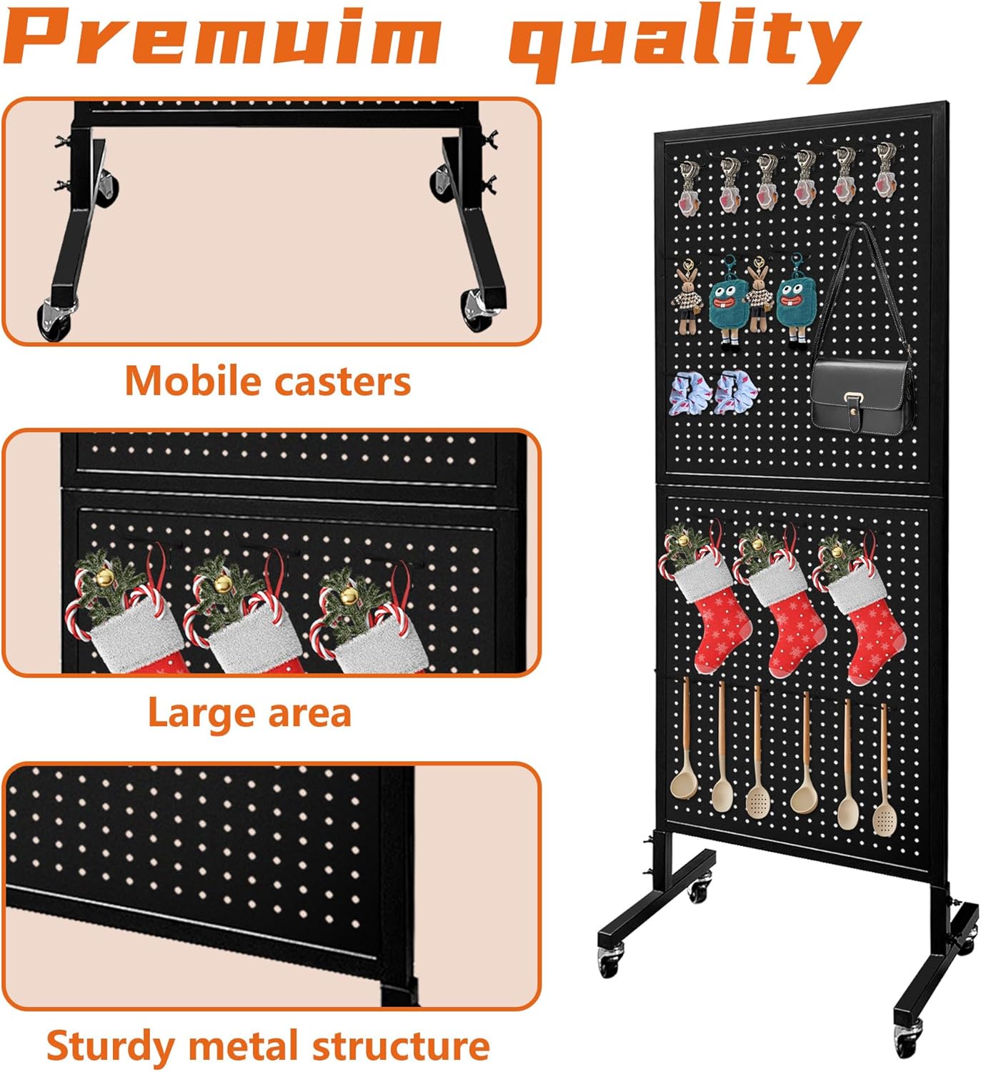 Royxen 2 x 5.5 Feet Pegboard with 30 Hooks, Pegboard Display with Wheels, Standing Pegboard Display, Metal (Black)