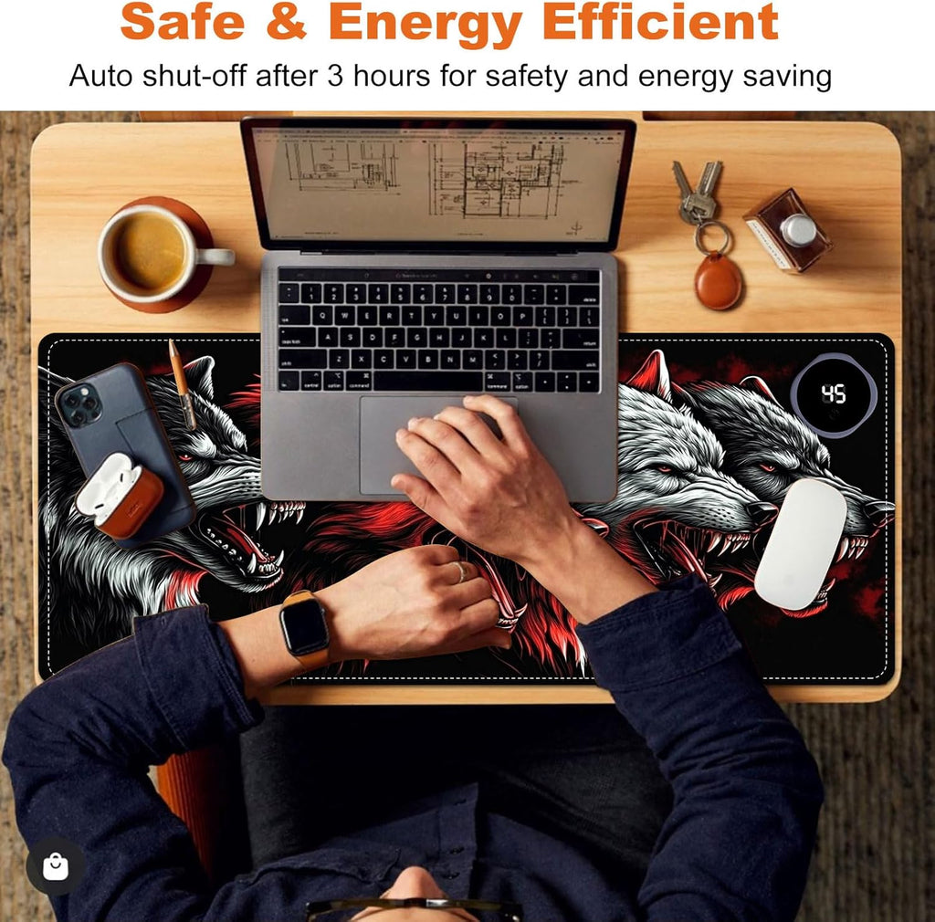 Heated Mouse Pad for Desk 31.5" x 13" – PU Leather Warm Desk Pad with 3 Heat Levels (104°F/113°F/122°F), Plug-in Electric Heating Mat with Auto Shut-Off, Waterproof & Rollable, Four Wolves