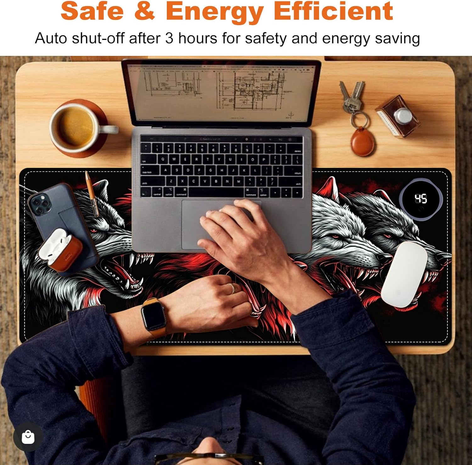 Heated Mouse Pad for Desk 31.5" x 13" – PU Leather Warm Desk Pad with 3 Heat Levels (104°F/113°F/122°F), Plug-in Electric Heating Mat with Auto Shut-Off, Waterproof & Rollable, Four Wolves