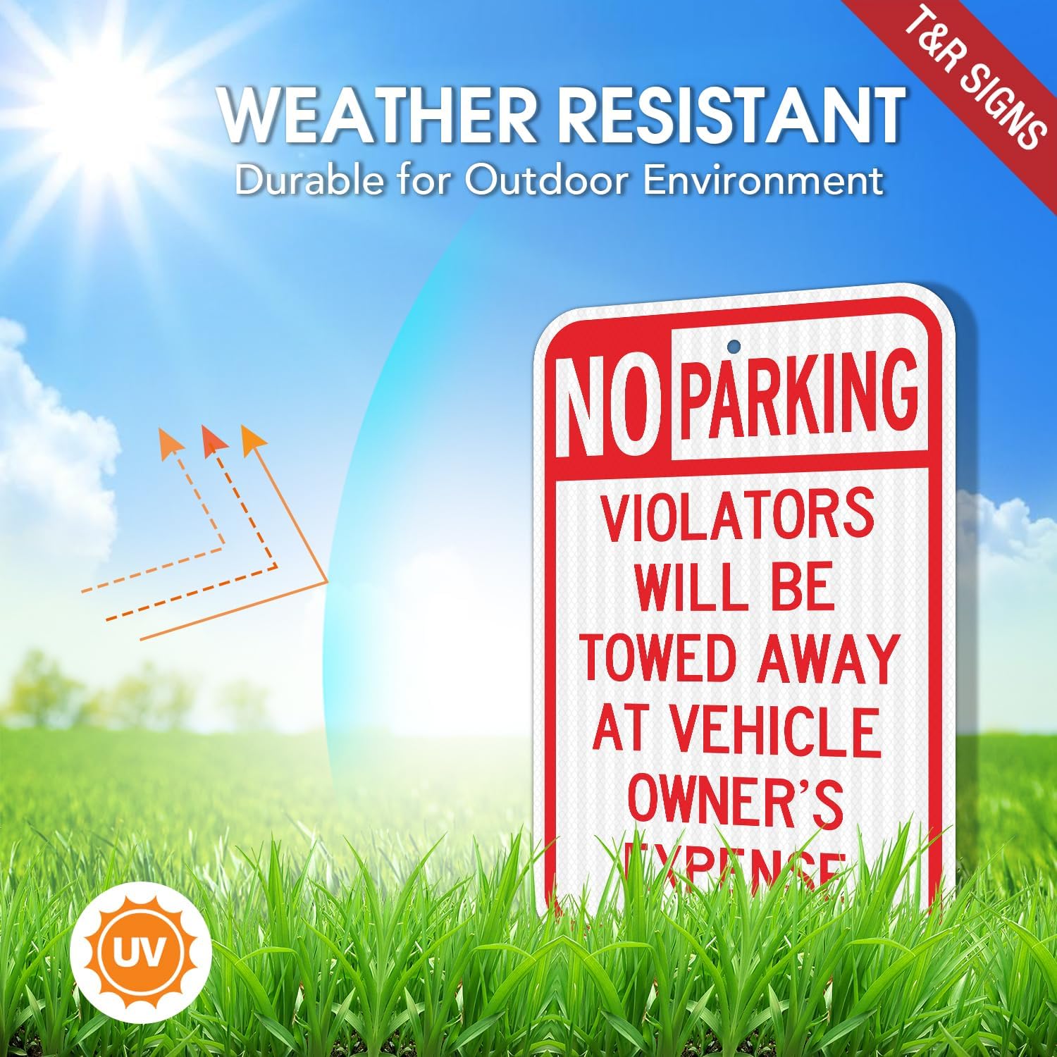 T&R (2 Pack) Large No Parking Sign, Violators Will Be Towed Away at Vehicle Owner's Expense Sign, 18" x 12" Engineer Grade Reflective Sheeting, Rust Free Aluminum, Weather Resistant, Waterproof, Fade Resistant, 2 Pre-drilled Holes