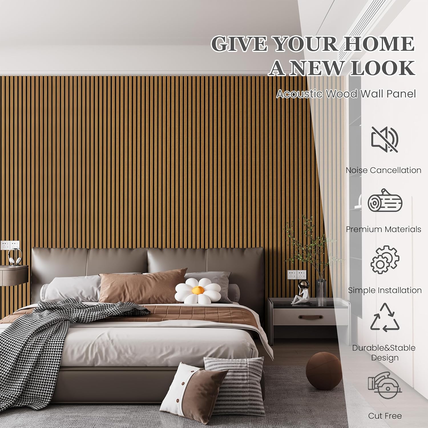 Wood Salt Acoustic Wall Panels, 4 Piece 94" x 12.6" x 0.8" Soundproof Wooden Wall Panels, 3D Fluted Sound Absorbing Panel, Natural Oak