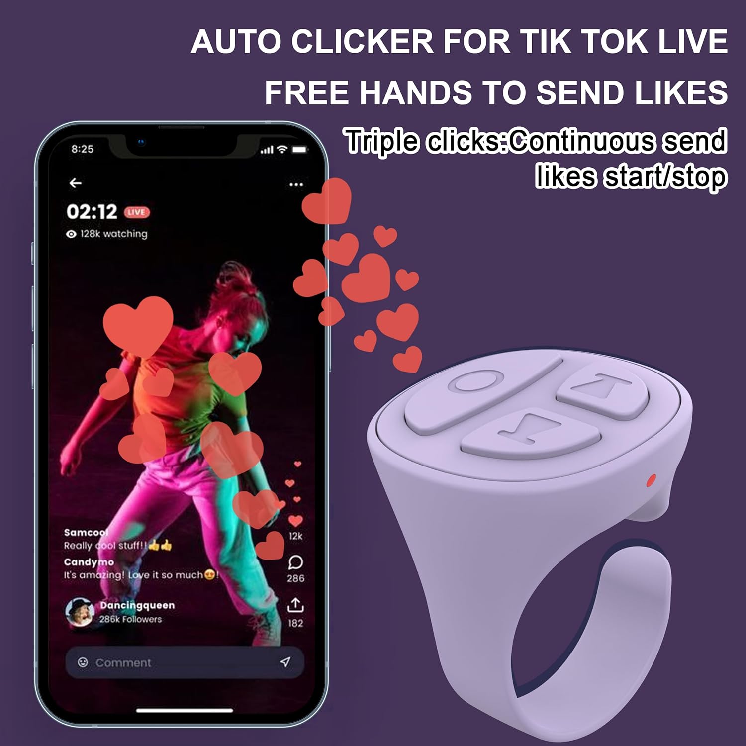 TikTok Scrolling Ring Bluetooth Camera Remote Control Page Turner for iPhone iPad Android Tablet Ebook Reading Scrolling Ring for iPhone TikTok (Purple with Charging Case)