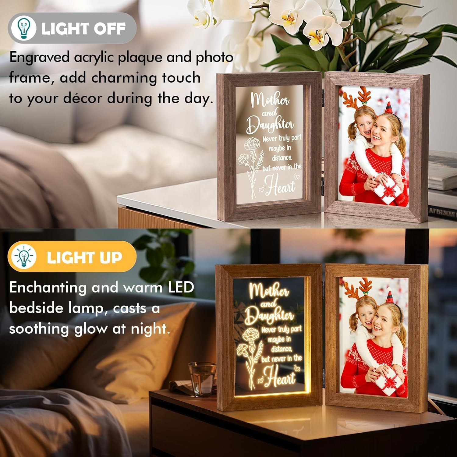 Christmas Gifts for Mom from Daughter Son Kids, Mom Gifts Engraved Night Light with 5x7 Mother Picture Frame Solid Wood, New Mama Gift Mommy Son Picture Frame Mother-in-Law Birthday Gift for Mama