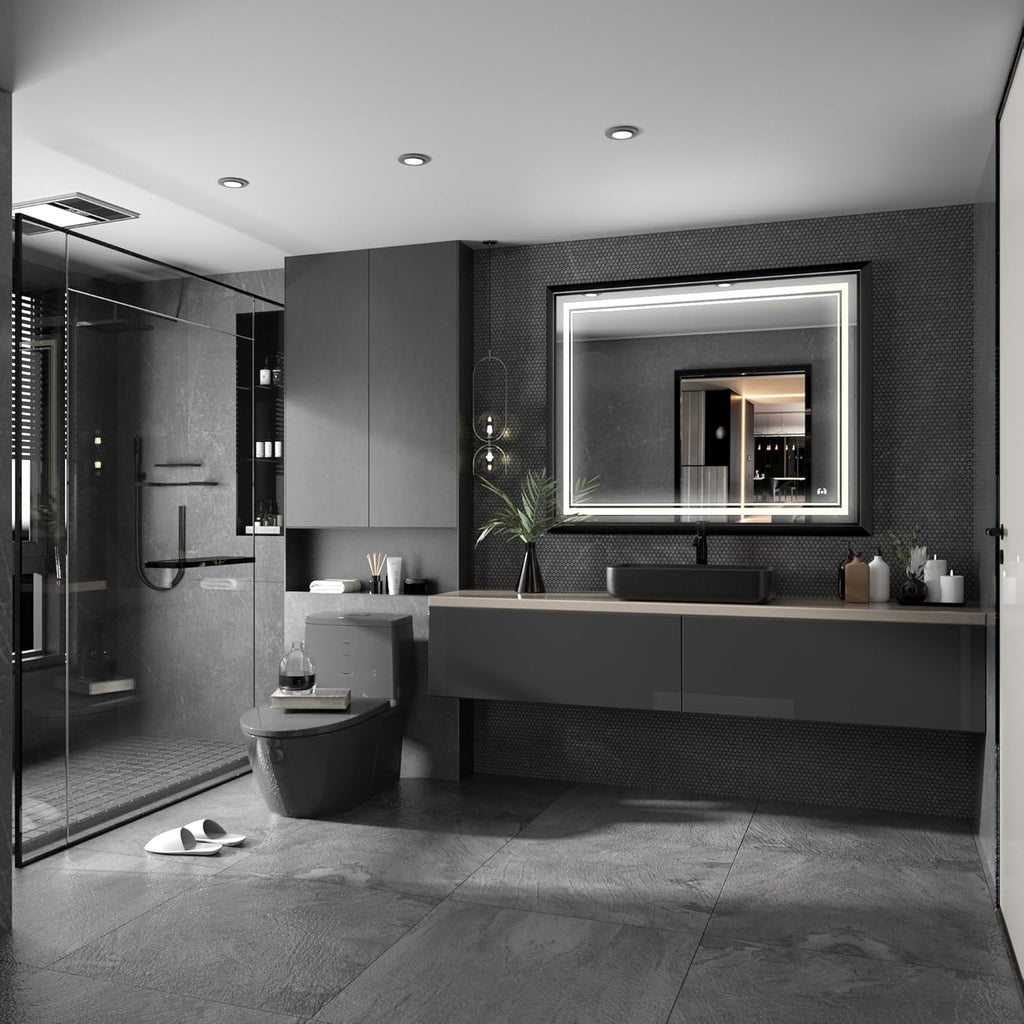 LED Bathroom Mirror: 40x32 Inch LED Bathroom Vanity Mirror - Black Framed Lighted Mirror for Bathroom Anti-Fog Gesture Control Dimmable Memory Function Tempered Glass
