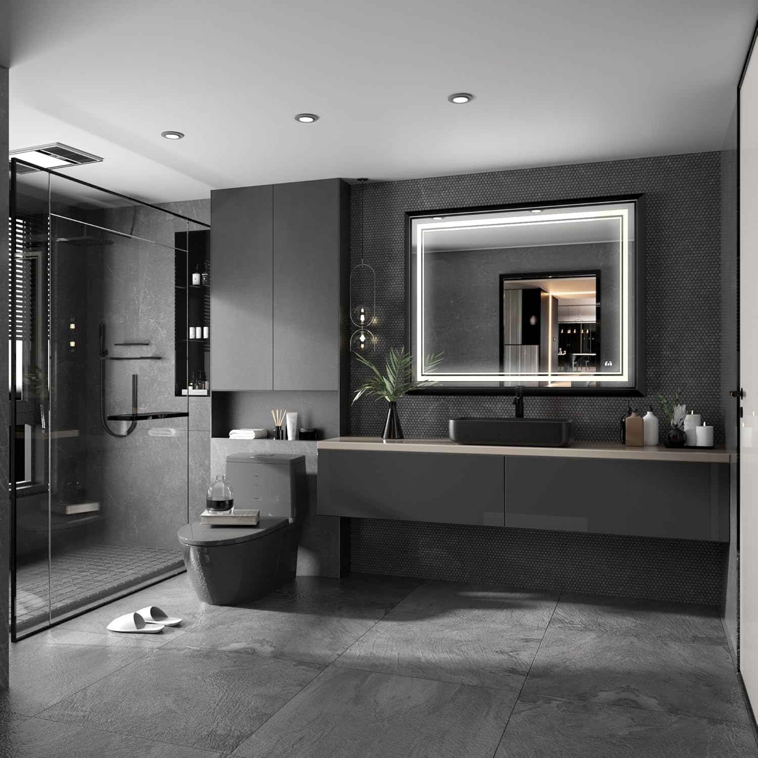 LED Bathroom Mirror: 40x32 Inch LED Bathroom Vanity Mirror - Black Framed Lighted Mirror for Bathroom Anti-Fog Gesture Control Dimmable Memory Function Tempered Glass
