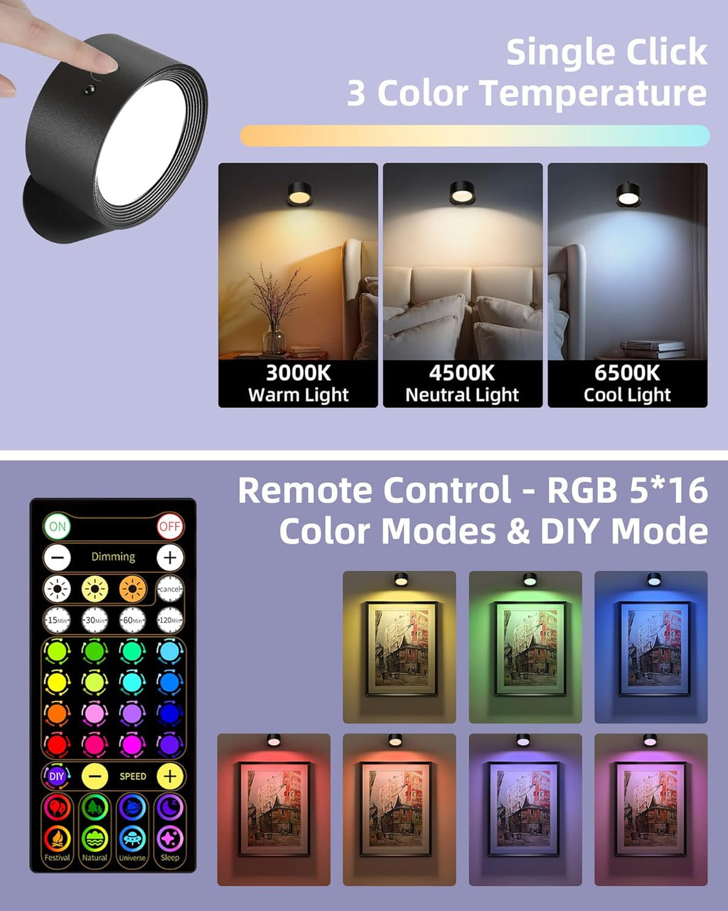 Wall Mounted Lights, 3 Pack Rechargeable RGB Color Changing Light, 3 Color Temps & Remote and Touch, 360°Rotation Dimmable Cordless for Study Bedroom Reading Bedside (Black)