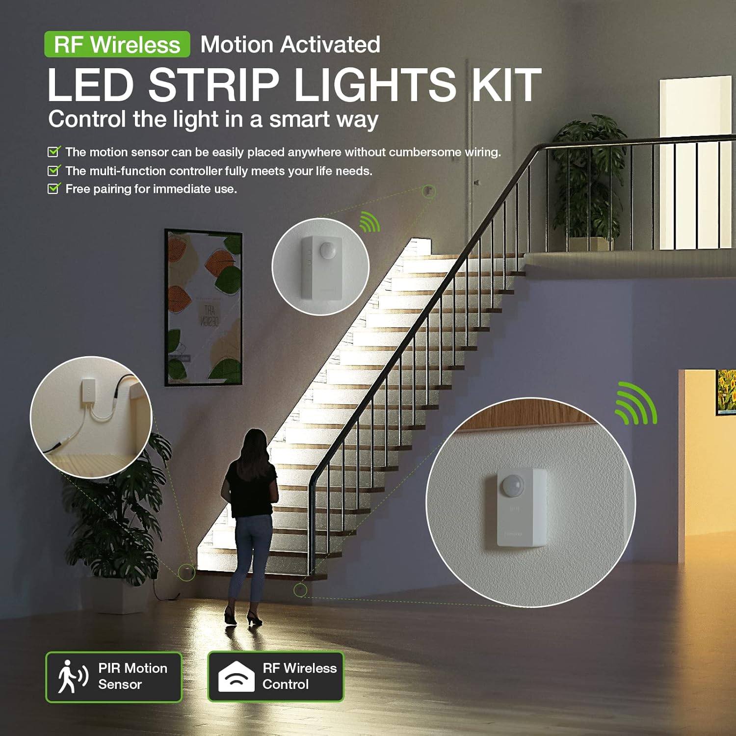 RAYZEEK Wireless Motion Activated LED Strip Lights,19.7FT LED Strip Lights with Power Adapter,RF Wireless Motion Sensor Control Dimmer,Timing,Cool White (1×Controller+2×Motion Sensor)