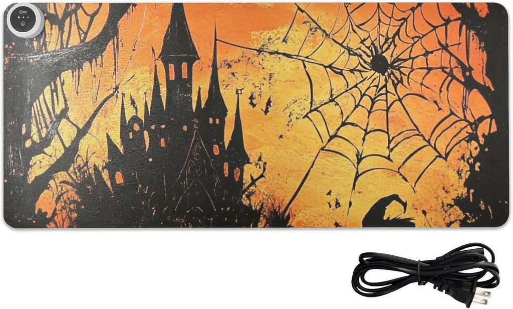 Heated Desk Pad Mouse Pad 31.5x13 Inch PU Leather Desk Mat with 3 Heat Levels Large Mouse Gaming Computer Laptop Mat Orange Witch Castle Halloween