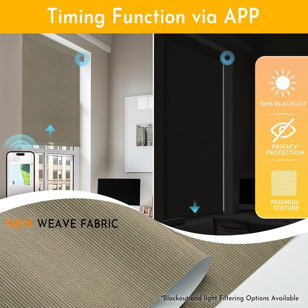 Persilux Smart Motorized Blinds with Remote, No Drill Automatic Roller Shades for Indoor Windows, Blackout Linen Fabric, Electric Blinds for Windows, Weave Caribou C162BO-5, Custom Size