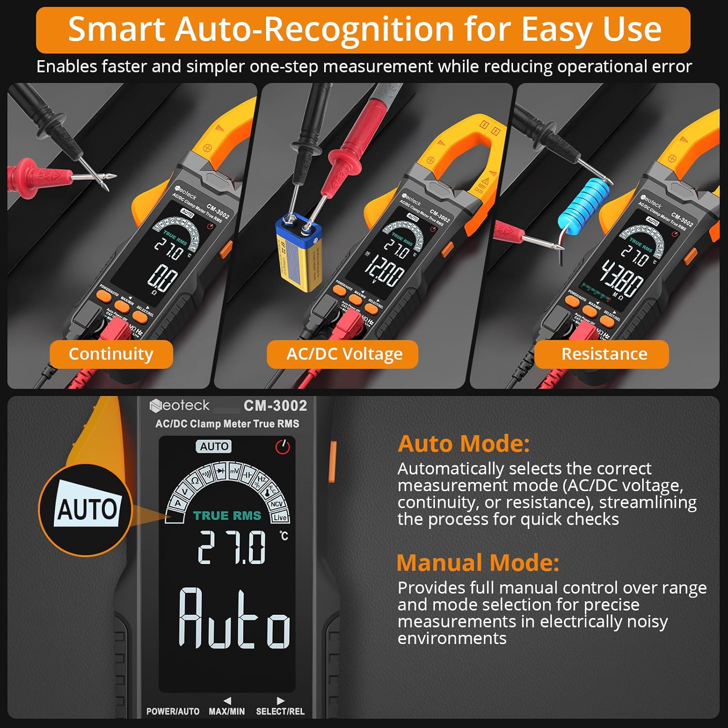 Neoteck Clamp Meter 6000 Counts Clamp Multimeter 800A AC/DC Current Auto Selection Color Screen TRMS Voltage,Capacitance,Continuity,Resistance,NCV,Diode,Frequency for Home,Auto,Industrial,HVAC