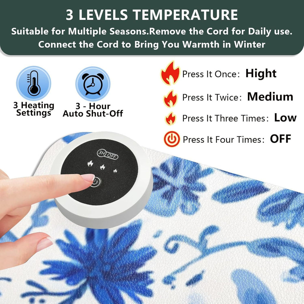 Heated Desk Pad Mouse Pad 31.5x13 Inch PU Leather Desk Mat with 3 Heat Levels Large Mouse Gaming Computer Laptop Mat Flower Blue and White Daisy Leaf