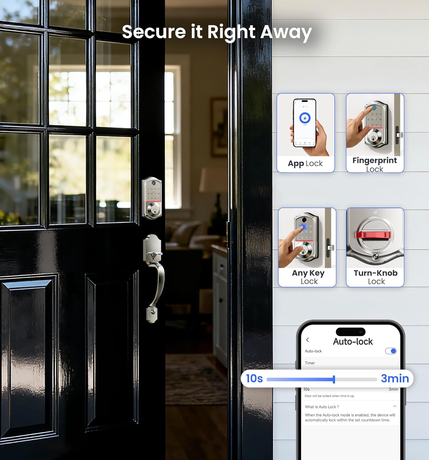Veise VE017-H Fingerprint Smart Front Door Lock Set, App Control, Keyless Entry Deadbolt with Handle, Smart Deadbolt, Emergency Power Port, Touchscreen Keypad, Auto Lock, Easy Install, Satin Nickel