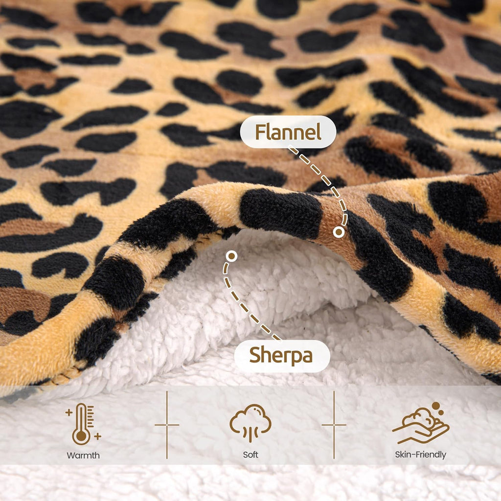 Electric Blanket Twin Size - Reversible Sherpa & Flannel, 62"× 84" Heated Throw Blanket with 6 Heat Settings & 1-12H Timer, Machine Washable, Warm Gift for Women, Leopard