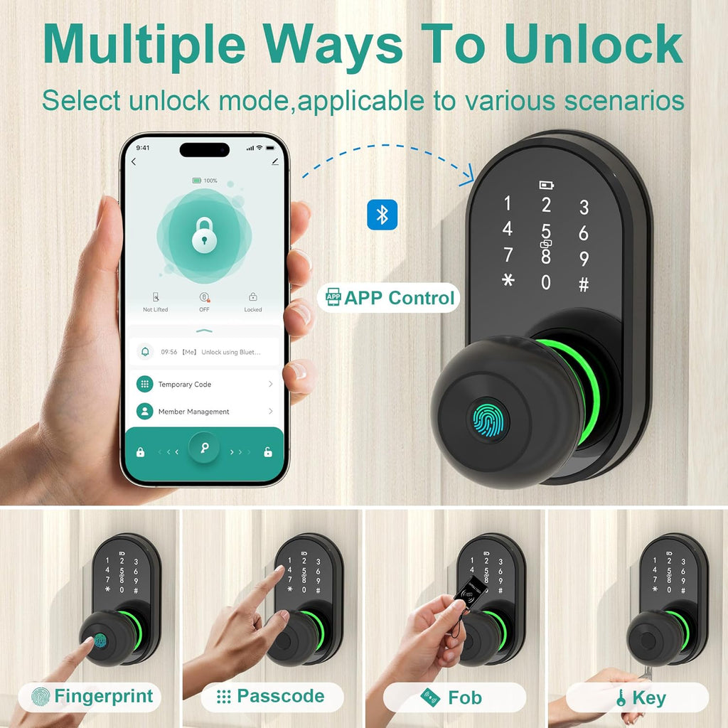 Smart Door Lock Keyless Entry Door Lock with Knob, Keypad Fingerprint Door Lock with Handle, Electronic Digital Code for Front Door, App Remote Control, Easy Installation