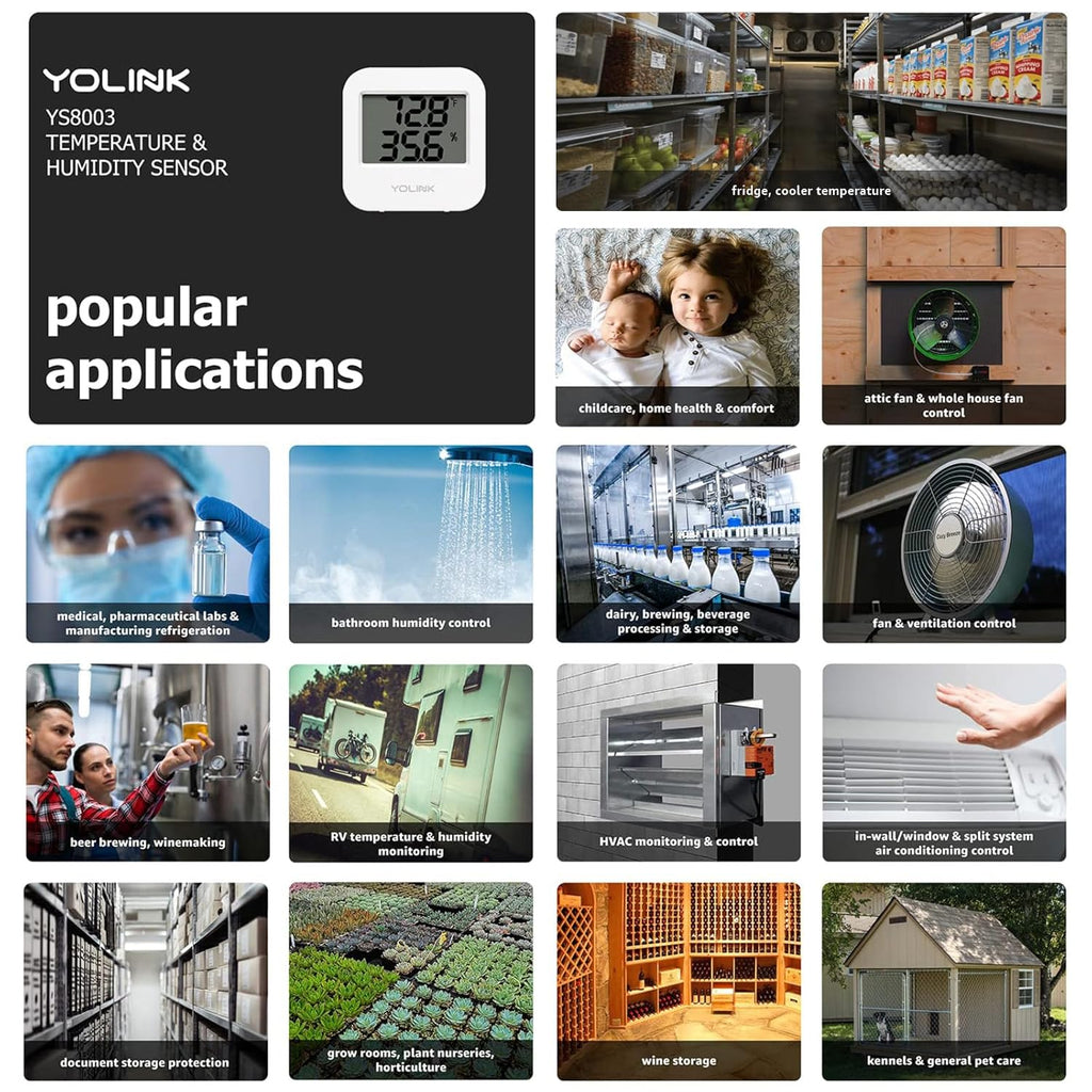 YoLink Smart Wireless Temperature & Humidity Sensor, 3-Pack, Wide Temp Range for Fridge, Green House, Pet Cage, App Alerts, Emails, Text/SMS alerts- Hub Required