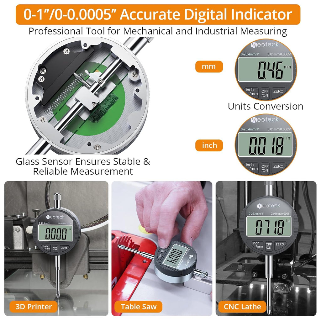 Neoteck 0-1”/0.0005" Digital Dial Indicator Gauge and 132 lbs (60kg) Max Pull Magnetic Base,Digital Dial Indicator Set with Inch/Metric Conversion for 3D Printer and CNC Machine-Black