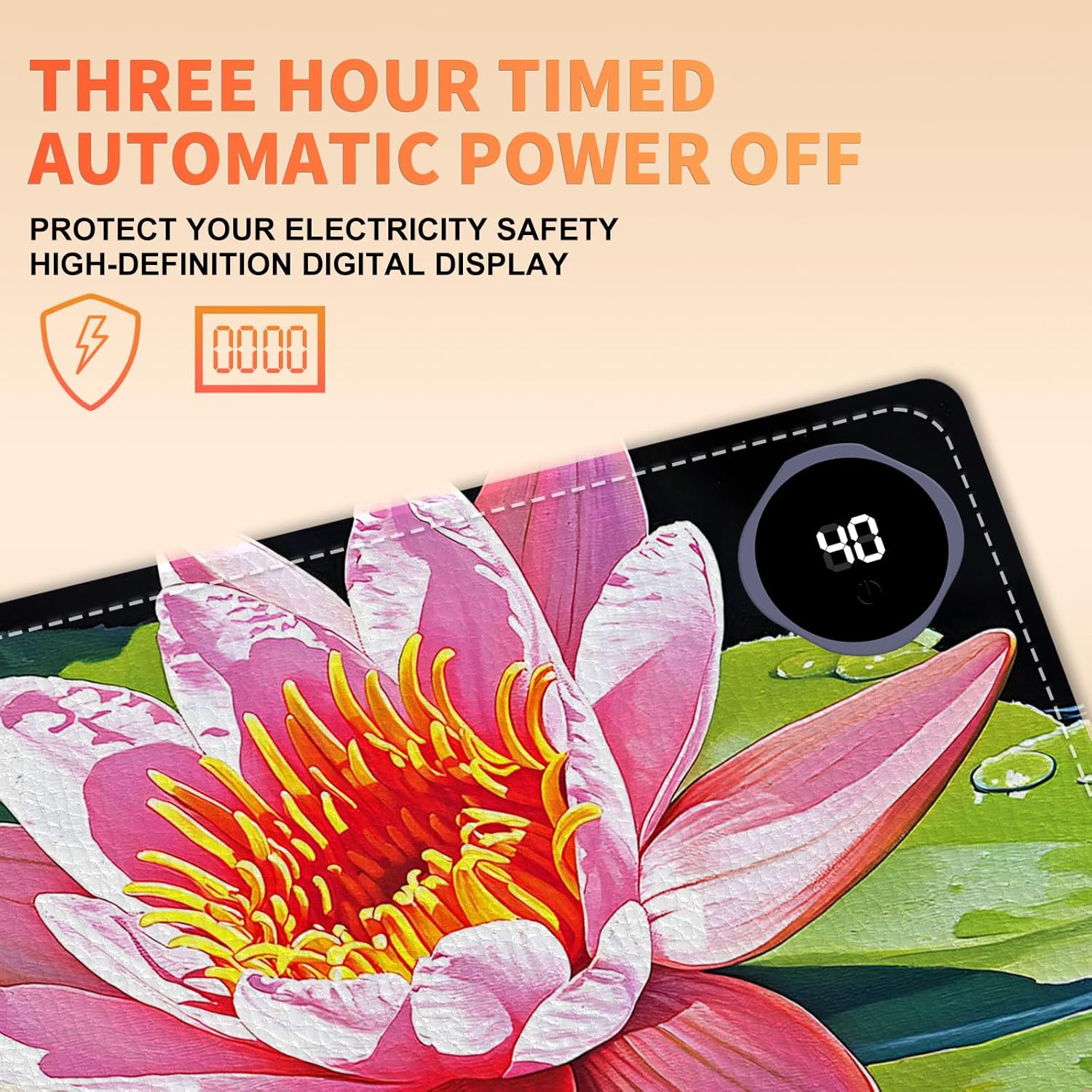 Heated Mouse Pad, Warm Desk Pad, Keyboard Mat 31.5 x 13 Inch Large Size Intelligent Fast Heating, 3 Speed Adjustable, Timed Auto Power Off for Game Office Home,Lotus Flower