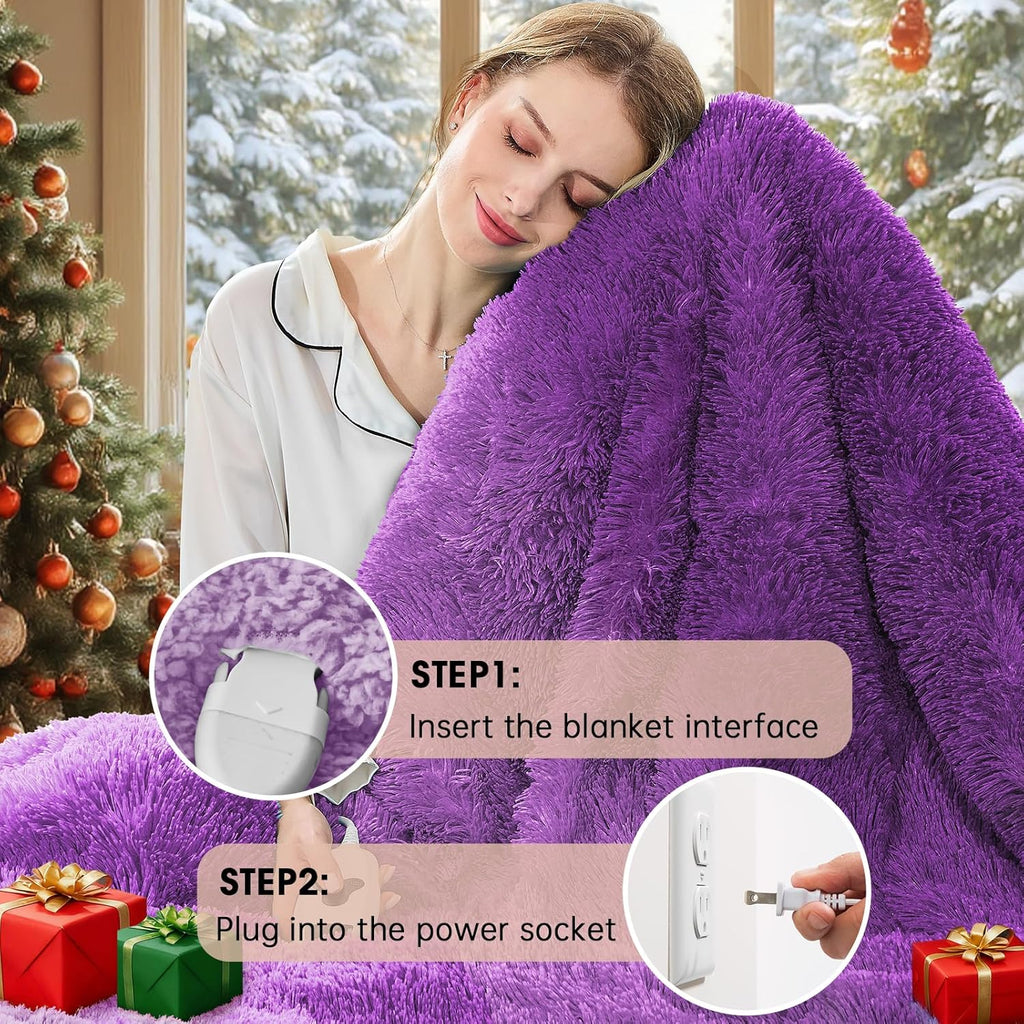 Heated Electric Blanket Throw,Warm Winter Birthday Gifts for Women Her Grandma-Faux Fur with Soft Sherpa,10 Heat Settings,5 Time Settings with Fast Heating, 50x60, Mystic Purple