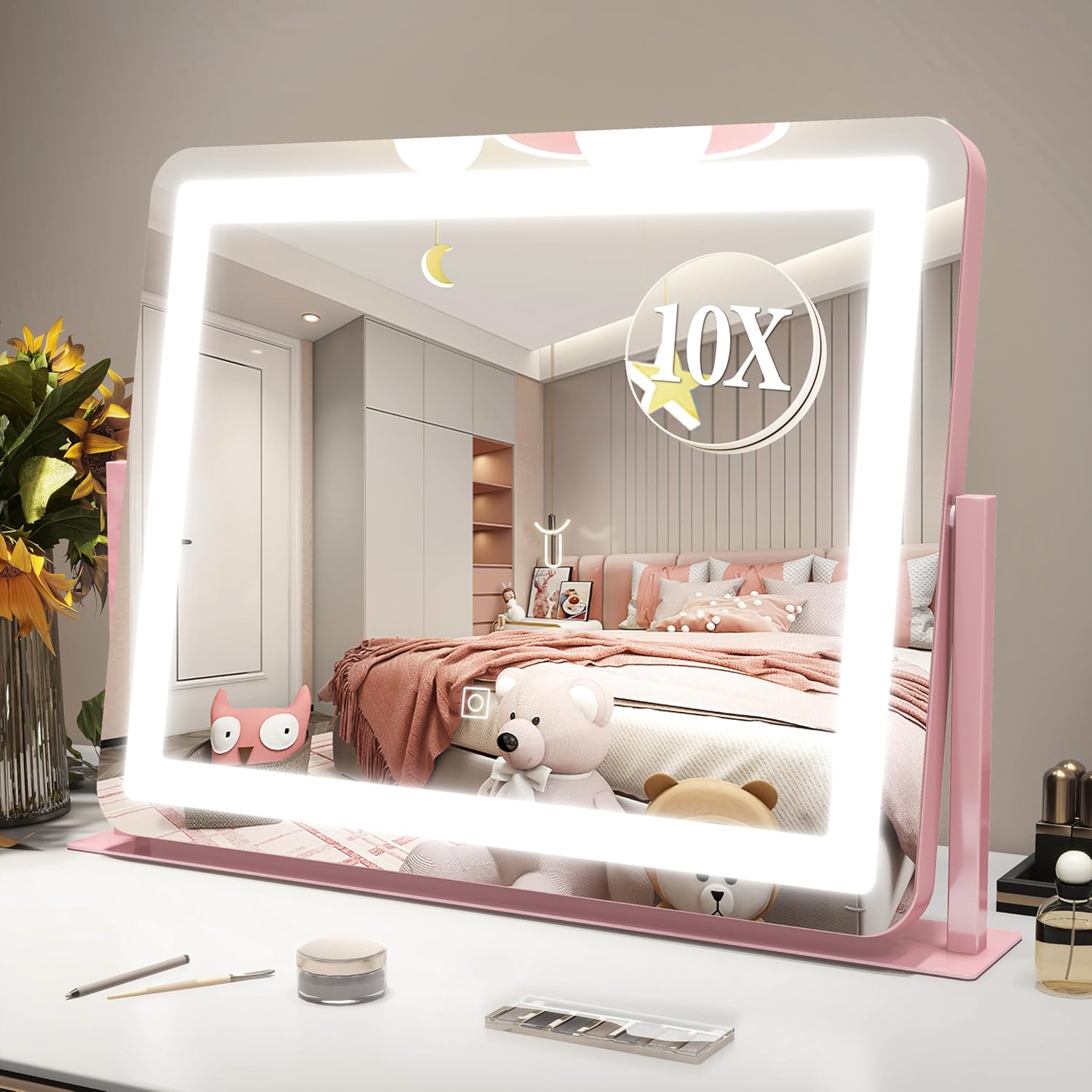 ROLOVE 22x17 Inch Pink Vanity Mirror with Lights，Dimmable LED Lights，3 Color Modes, Smart Touch Control，10X Magnification，Light up Makeup Mirror for Desk, Gift for Teen Girls