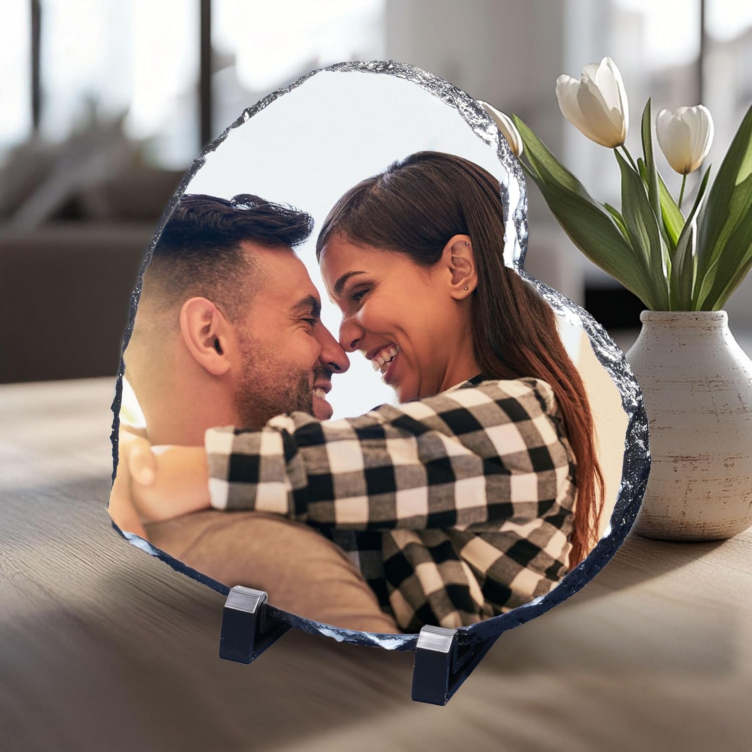 ArtPix 3D Christmas Personalized Slate Plate, Customized Xmas Photo Print Stone, Custom Picture Gift for Wife, Women, Family, Her, Him, Rock Slate Plaque Frame (Large - Heart Shape)