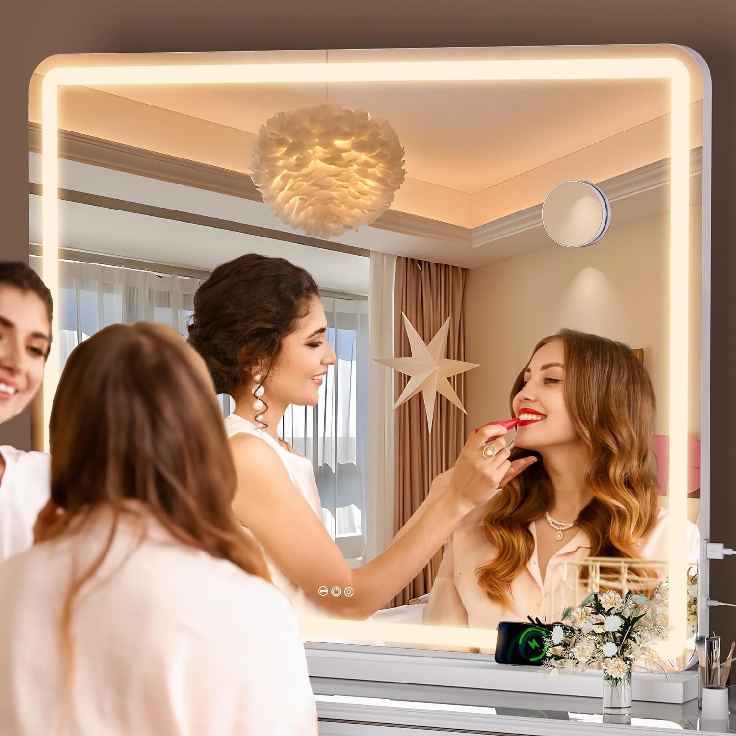 Hasipu Vanity Mirror with Lights, 37.4" x 26" LED Makeup Mirror, Lighted Makeup Mirror with Dimmable 3 Modes, Touch Screen Control Vanity Mirror Round White