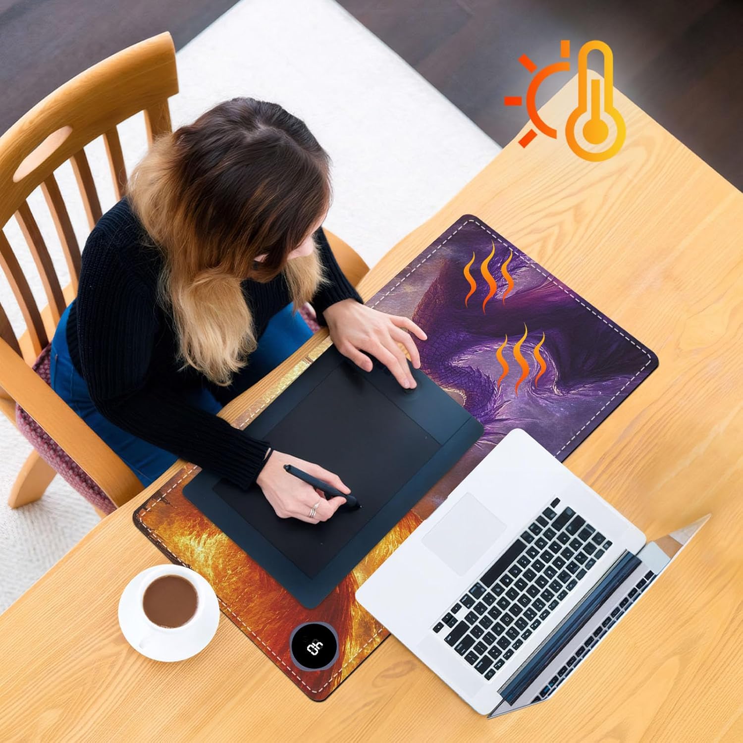 Heated Mouse Pad 23.6 x 14 in 3-Temp Fast Heating Desk Mat with Auto Timer Warmer for Hands Wrist Pain Relief Waterproof Keyboard Mat for Office, Gaming, Home, Dragon Battle Art