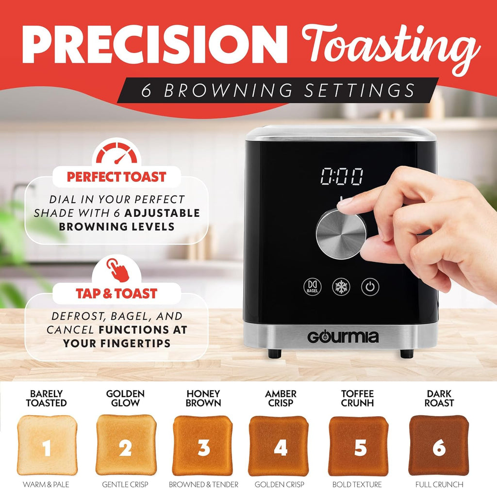 Gourmia 2 Slice Toaster – 6 Browning Levels with Bagel and Defrost Mode, One-Touch Toasting, Removable Crumb Tray, Extra Wide Slots, Compact Design, Black