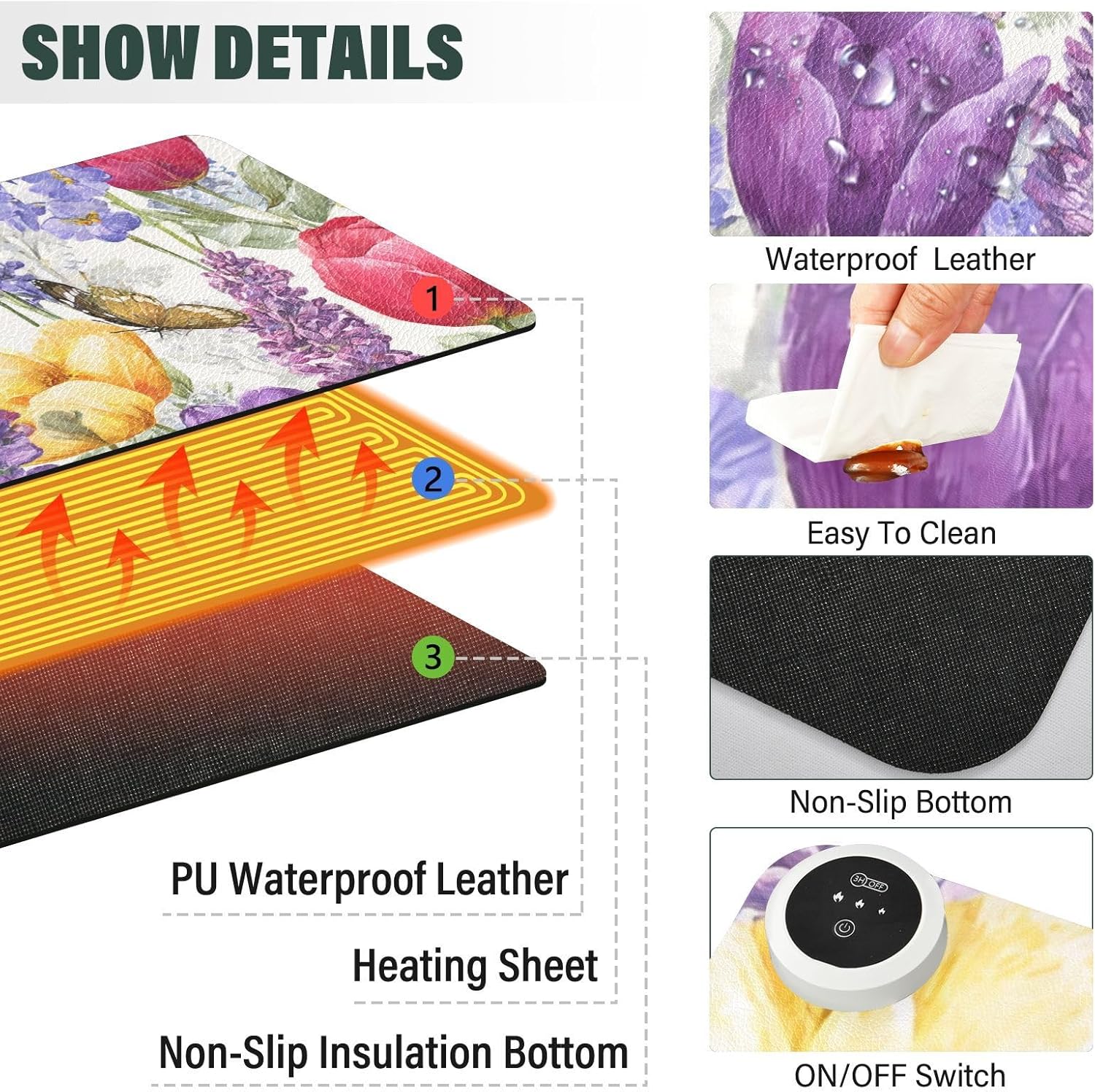 Heated Desk Pad Mouse Pad 31.5x13 Inch PU Leather Desk Mat with 3 Heat Levels Large Mouse Gaming Computer Laptop Mat Tulips Lavenders Purple Butterfly