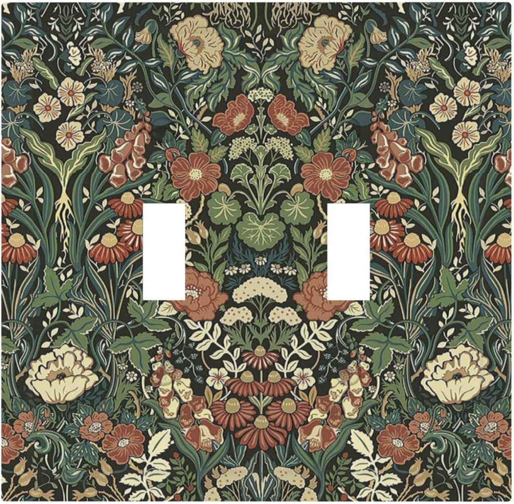 Decorative Switch Plates Vintage Dark Floral William Morris Green Flower 2 Gang Double Toggle Outlet Light Switch Cover Wall Plate Electrical Faceplate for living Room Home Decor