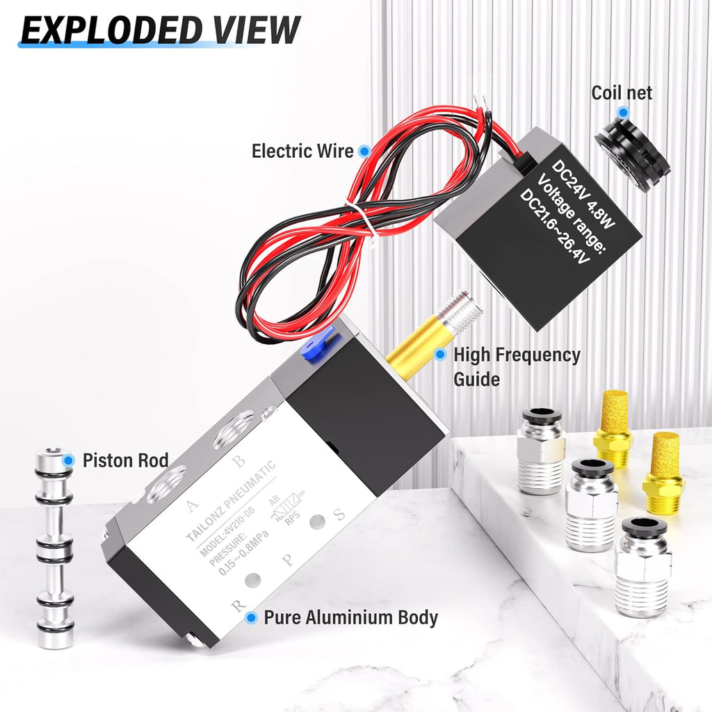 TAILONZ PNEUMATIC 1/4"NPT Solenoid Valve DC24V Single Coil Pilot-Operated Electric 2 Position 5 Way Connection Type 4V210-08 Outlet wire