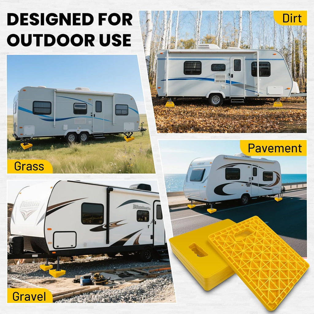 ROBLOCK Large RV Jack Stabilizer Pads,Sinking Resistant Stackable Camper Stabilizer Pads with Easy-Grip Handle and Handy Strap, Easy Storage & Organization, Yellow 4 Pack 14" x 12"